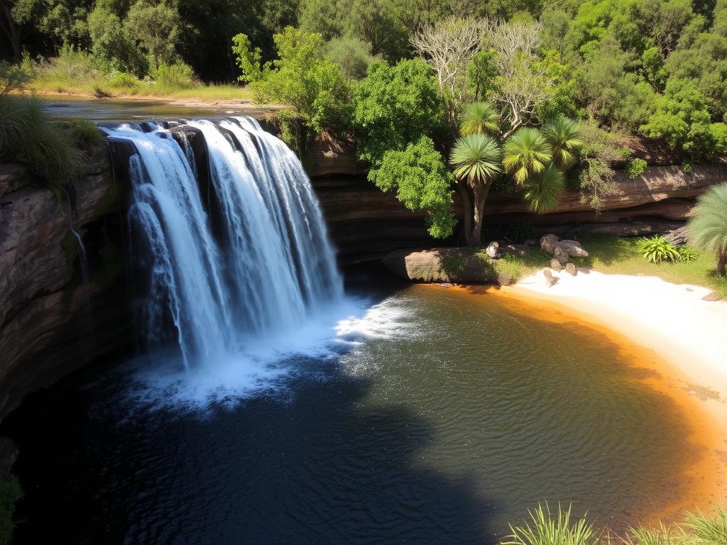 Cachoeira do Crioulo no Parque Estadual do Rio Preto com sua piscina natural de águas escuras e praia de areia branca Cachoeira do Crioulo no Parque Estadual do Rio Preto com sua piscina natural de águas escuras e praia de areia branca