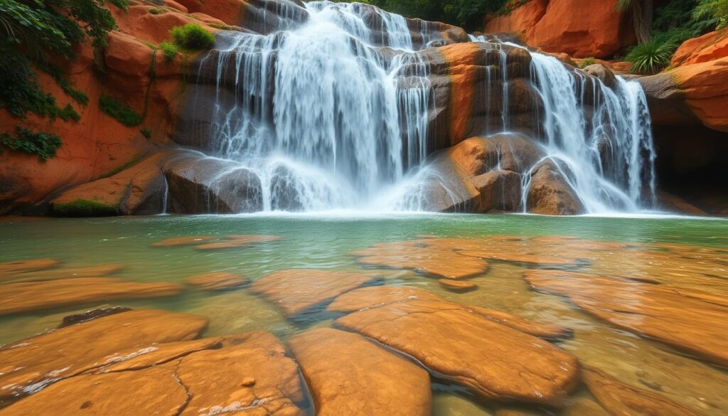 Cachoeira em Capítolio durante a primavera com águas cristalinas e vegetação exuberante Cachoeira em Capítolio durante a primavera com águas cristalinas e vegetação exuberante
