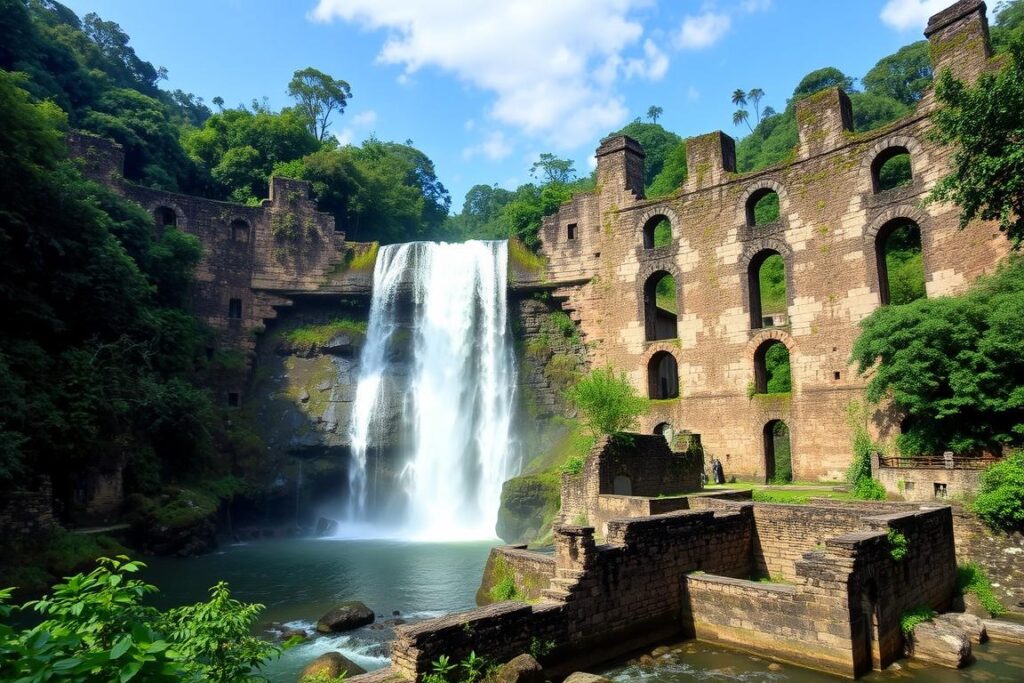 Cascata das Antas em Poços de Caldas em Minas Gerais com ruínas da antiga hidrelétrica Cascata das Antas em Poços de Caldas em Minas Gerais com ruínas da antiga hidrelétrica