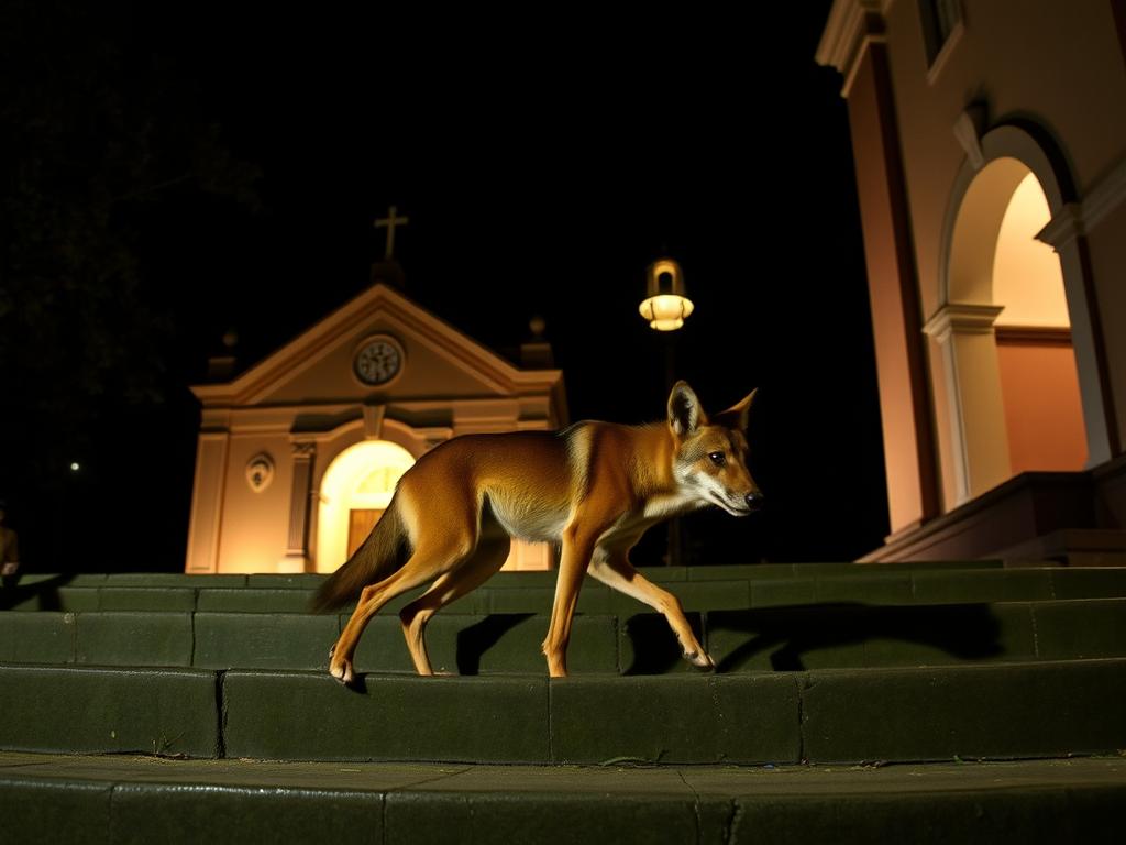 Lobo-guará na escadaria da igreja do Santuário do Caraça Lobo-guará na escadaria da igreja do Santuário do Caraça
