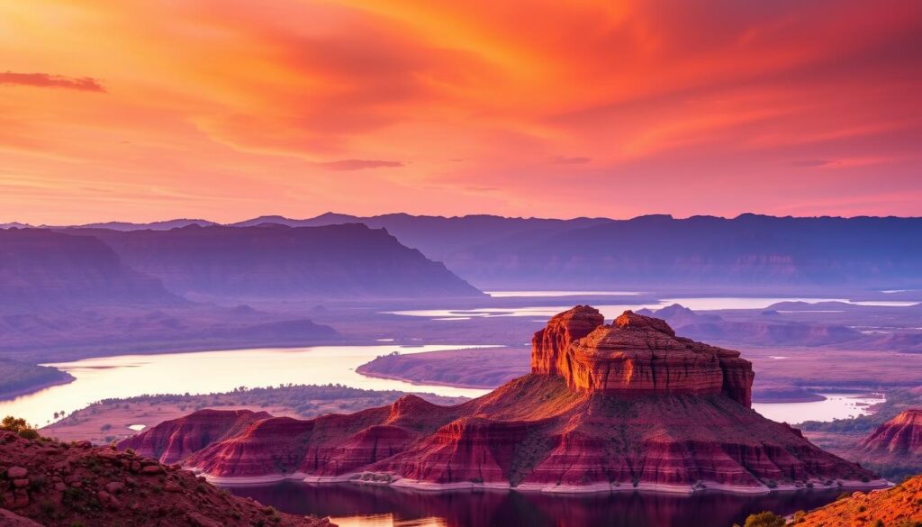Pôr do sol nos cânions de Capítolio, Minas Gerais, com o lago refletindo as cores do céu Pôr do sol nos cânions de Capítolio, Minas Gerais, com o lago refletindo as cores do céu