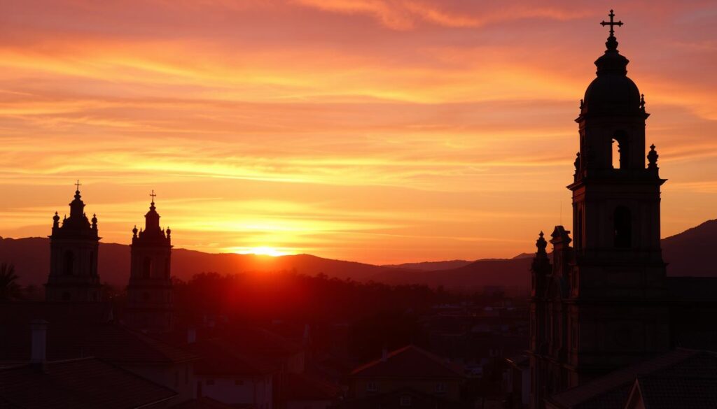 Pôr do sol sobre o centro histórico de uma cidade colonial mineira, com silhuetas de igrejas barrocas, cidades históricas de Minas Gerais Pôr do sol sobre o centro histórico de uma cidade colonial mineira, com silhuetas de igrejas barrocas, cidades históricas de Minas Gerais