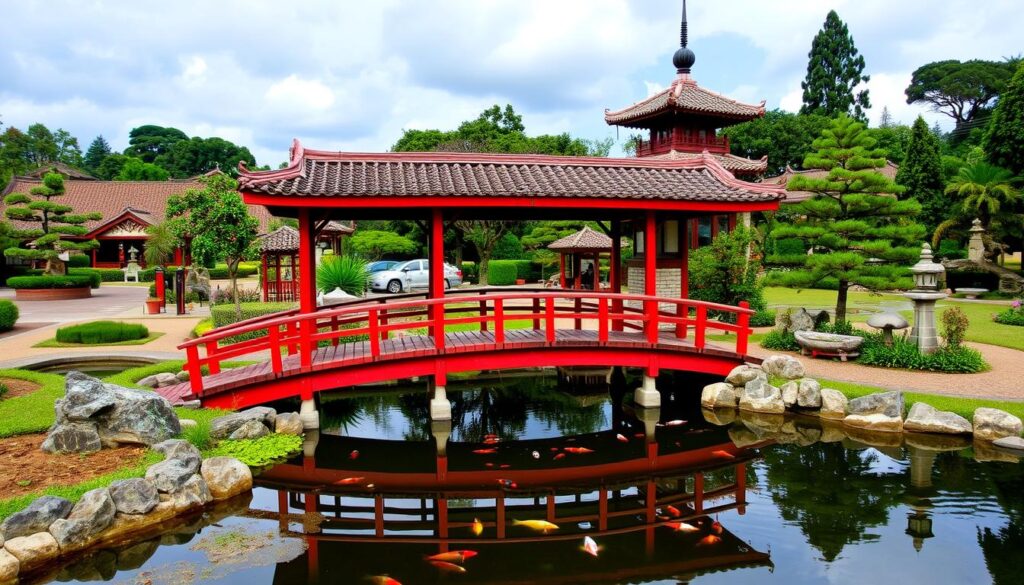 Recanto Japonês em Poços de Caldas em Minas Gerais com ponte vermelha e jardim oriental Recanto Japonês em Poços de Caldas em Minas Gerais com ponte vermelha e jardim oriental