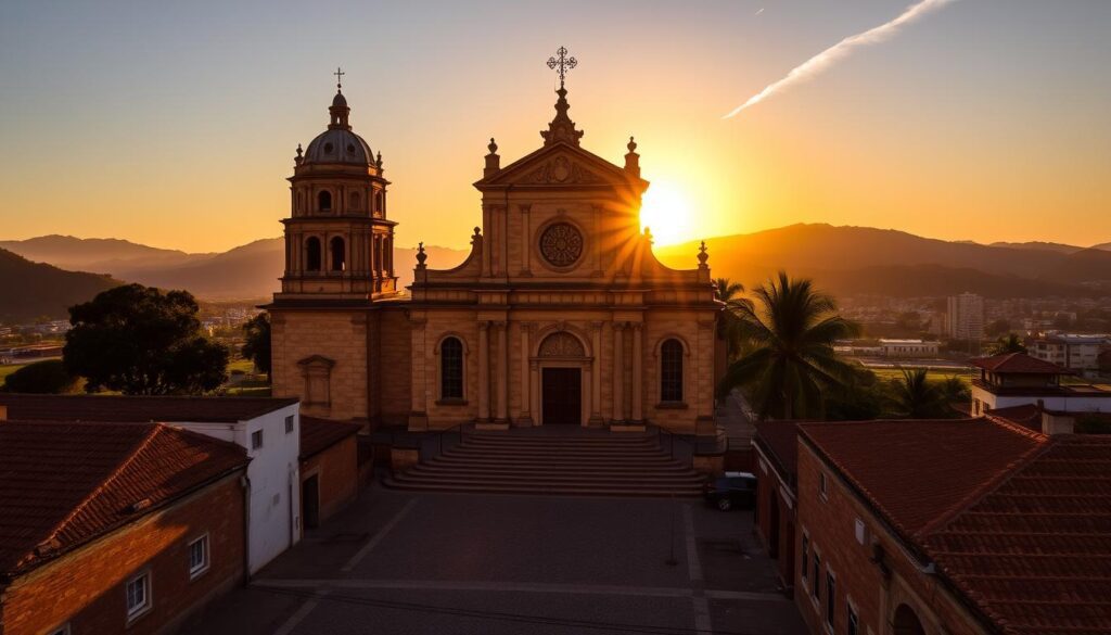 Vista da Igreja Matriz de Santo Antônio em Tiradentes com o pôr do sol iluminando sua fachada, cidades históricas de Minas Gerais Vista da Igreja Matriz de Santo Antônio em Tiradentes com o pôr do sol iluminando sua fachada, cidades históricas de Minas Gerais