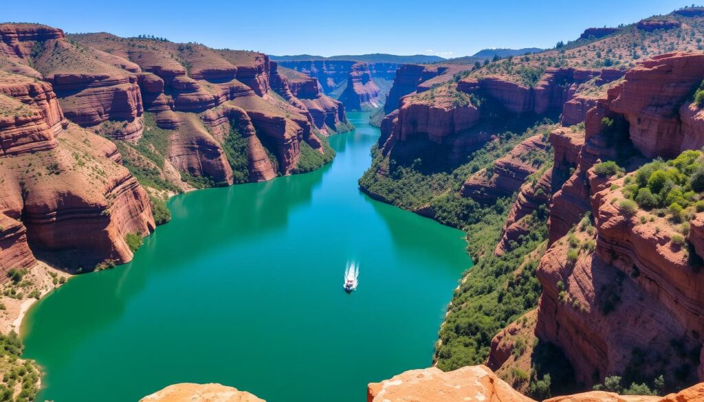 Vista do Mirante dos Cânions em Capítolio, Minas Gerais, mostrando os paredões rochosos e o lago Vista do Mirante dos Cânions em Capítolio, Minas Gerais, mostrando os paredões rochosos e o lago