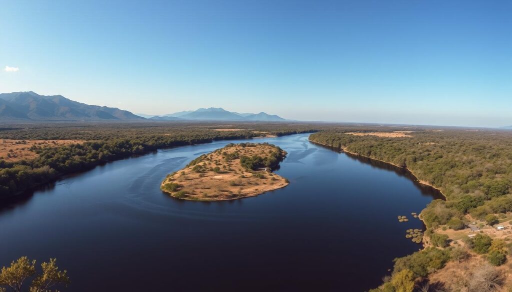 Vista panorâmica do Rio Preto em Minas Gerais mostrando o contraste entre as águas escuras e a vegetação do cerrado Vista panorâmica do Rio Preto em Minas Gerais mostrando o contraste entre as águas escuras e a vegetação do cerrado